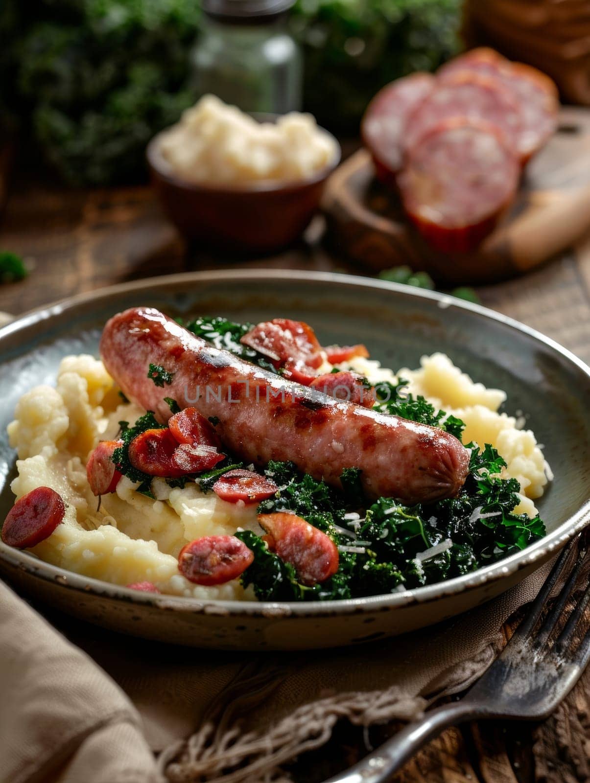 Dutch stamppot on a plate, mashed potatoes mixed with kale and served with a smoked sausage. A traditional and hearty dish from the Netherlands. by sfinks