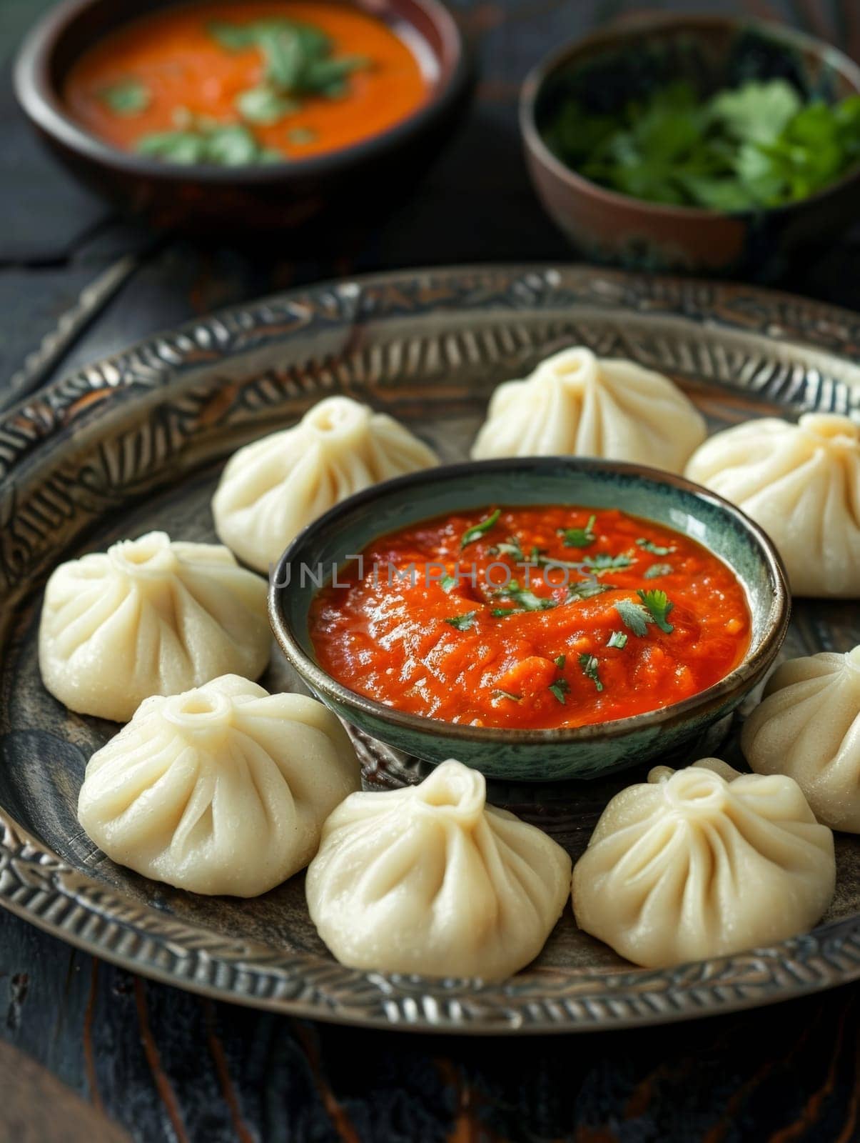 Nepalese momo on a steamer tray, served with a tomato-based dipping sauce. A traditional and flavorful dish from Nepal