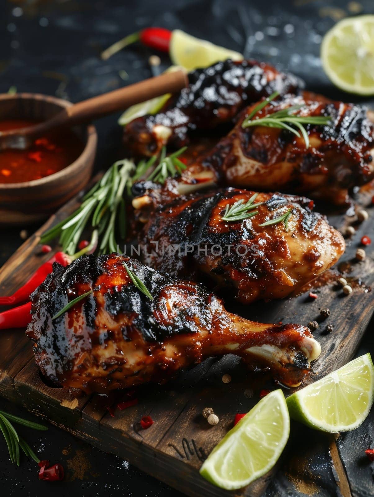 Jamaican jerk chicken on a wooden plank, with charred limes and a spicy sauce. A flavorful and traditional dish from Jamaica