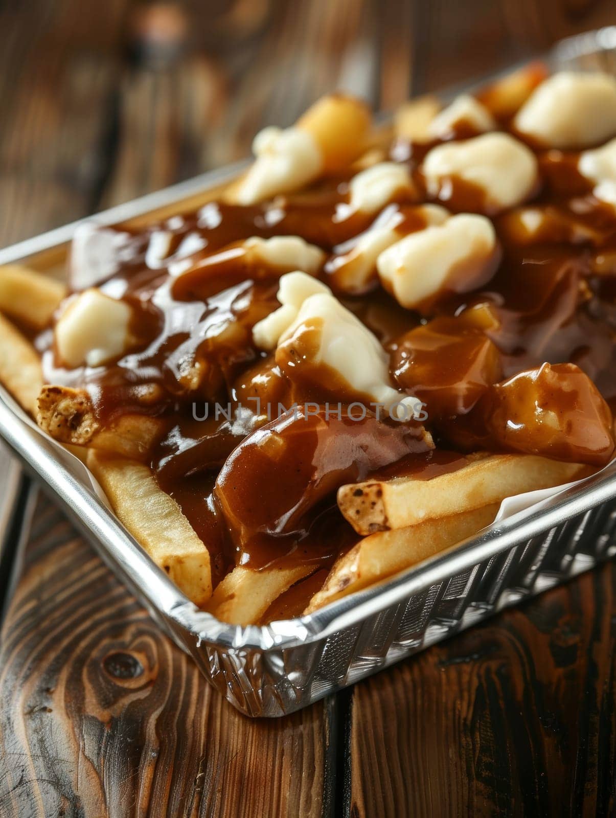 Canadian poutine in a tray, with fries, cheese curds, and brown gravy. A classic and comforting dish from Canada. by sfinks