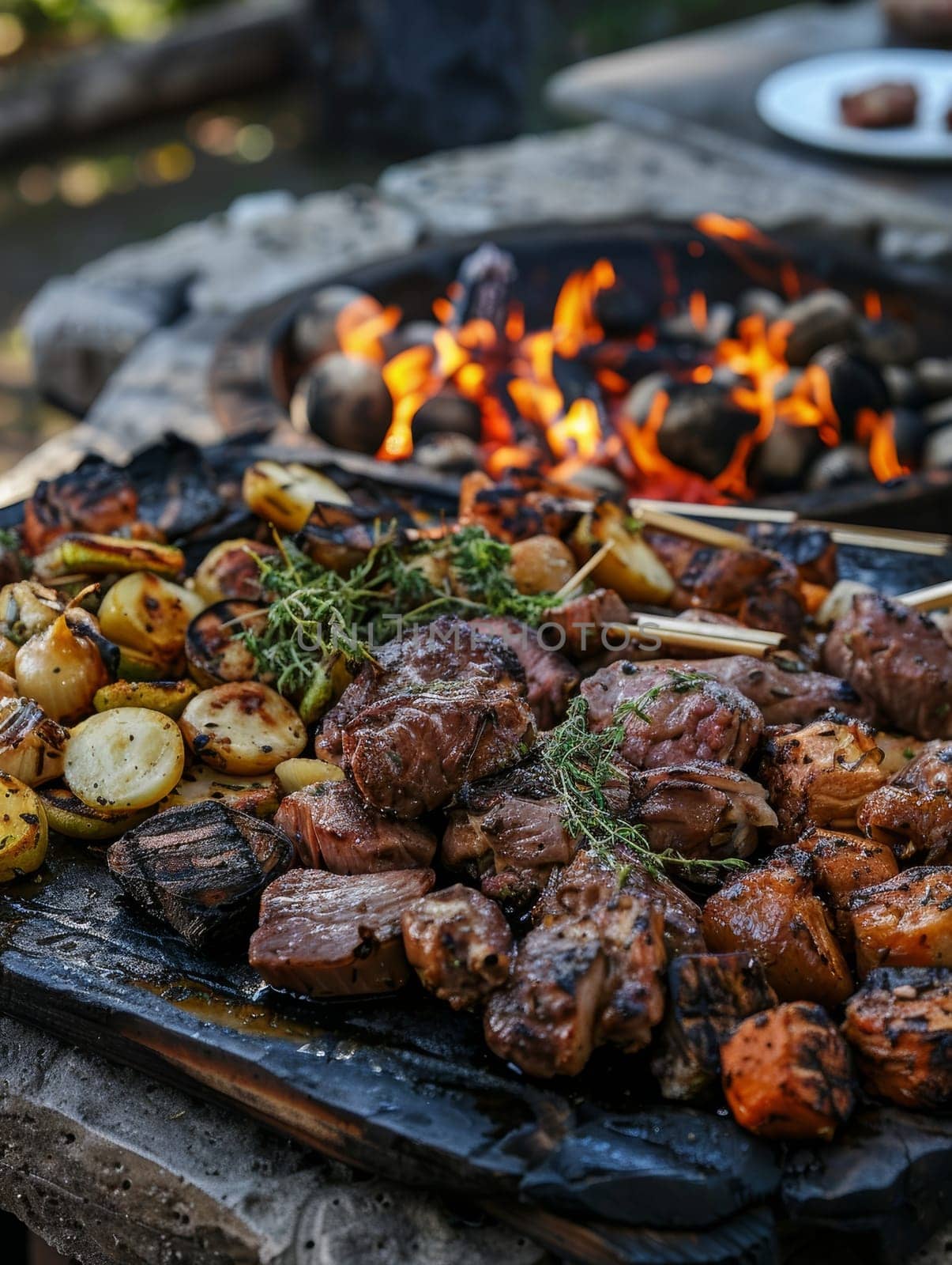 New Zealand hangi served on a platter, showing meats and vegetables cooked in an earth oven. A traditional and flavorful dish from New Zealand