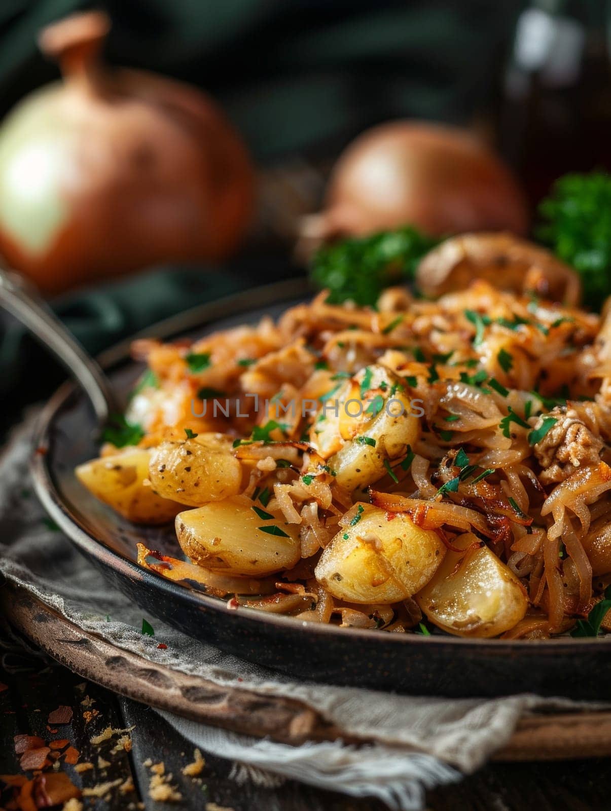 Portuguese bacalhau a bras on a plate, made with shredded salt cod, onions, and fried potatoes. A flavorful and traditional dish from Portugal