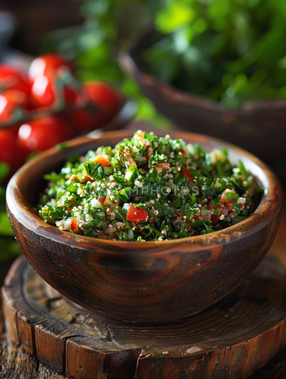 Lebanese tabbouleh in a small bowl, with finely chopped parsley, tomatoes, and bulgur. A fresh and healthy salad from Lebanon