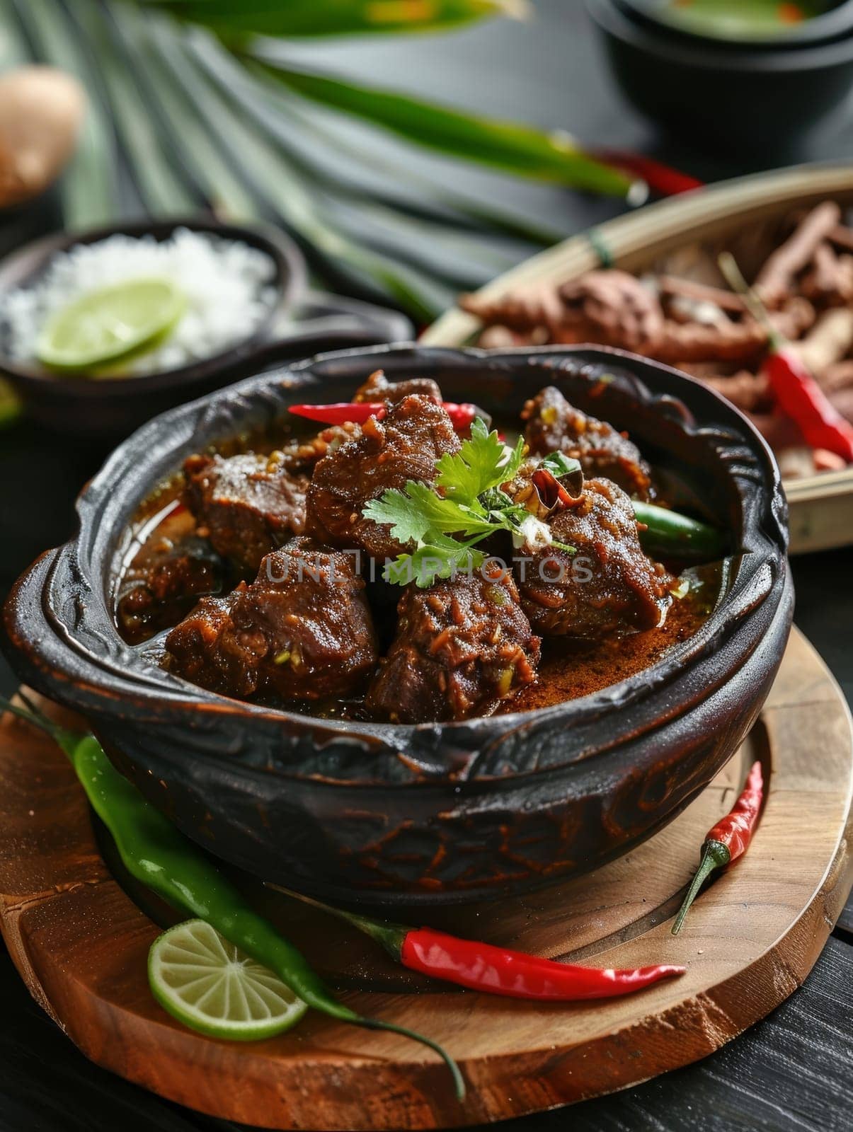 Indonesian rendang in a clay pot, slow-cooked beef in coconut milk and spices. A rich and flavorful dish from Indonesia. by sfinks