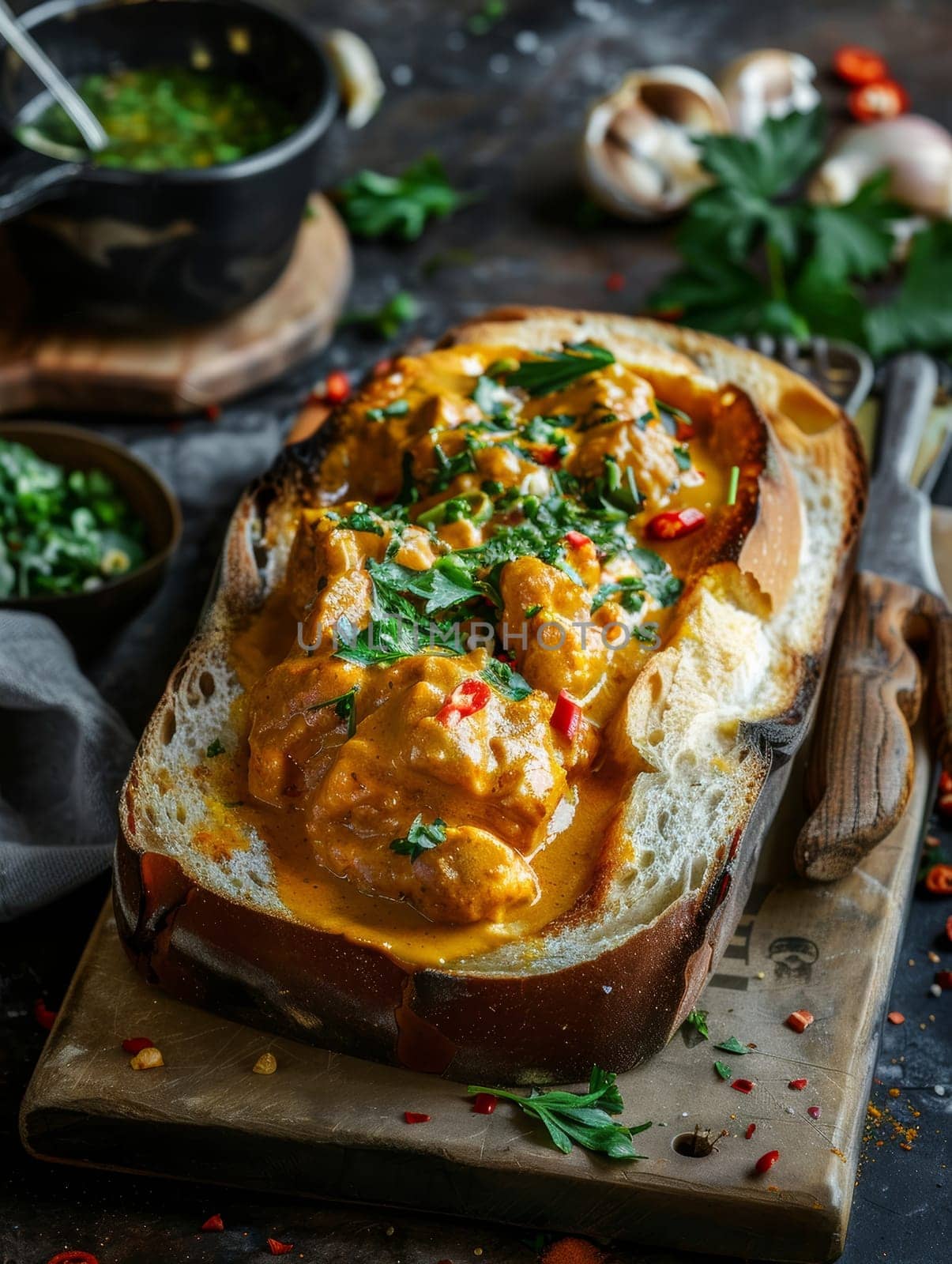 South African bunny chow in a hollowed-out bread loaf, filled with spicy curry. A unique and flavorful dish from South Africa