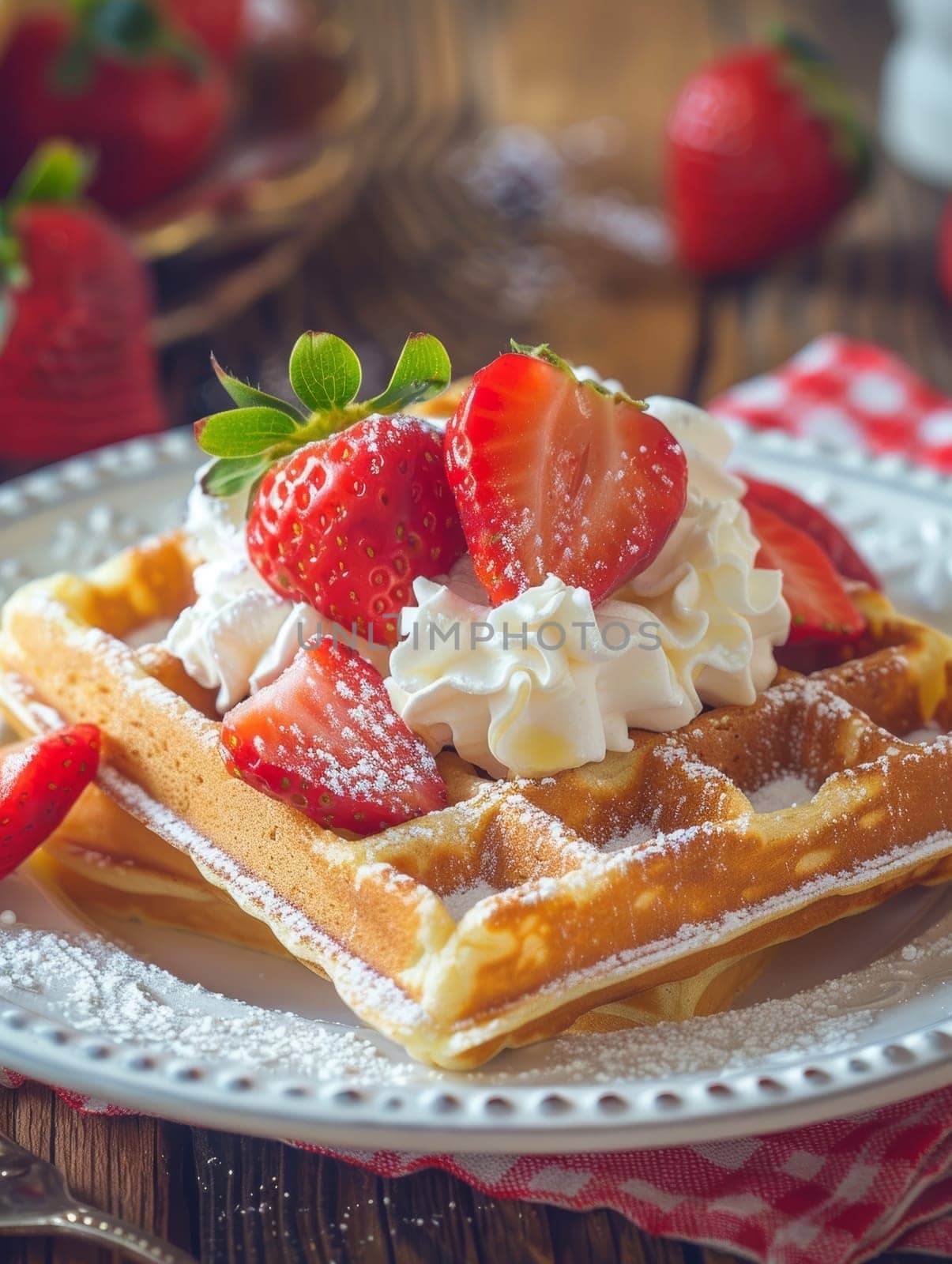 Belgian waffles on a fine china plate, topped with strawberries and whipped cream. A tempting and delightful Belgian dessert