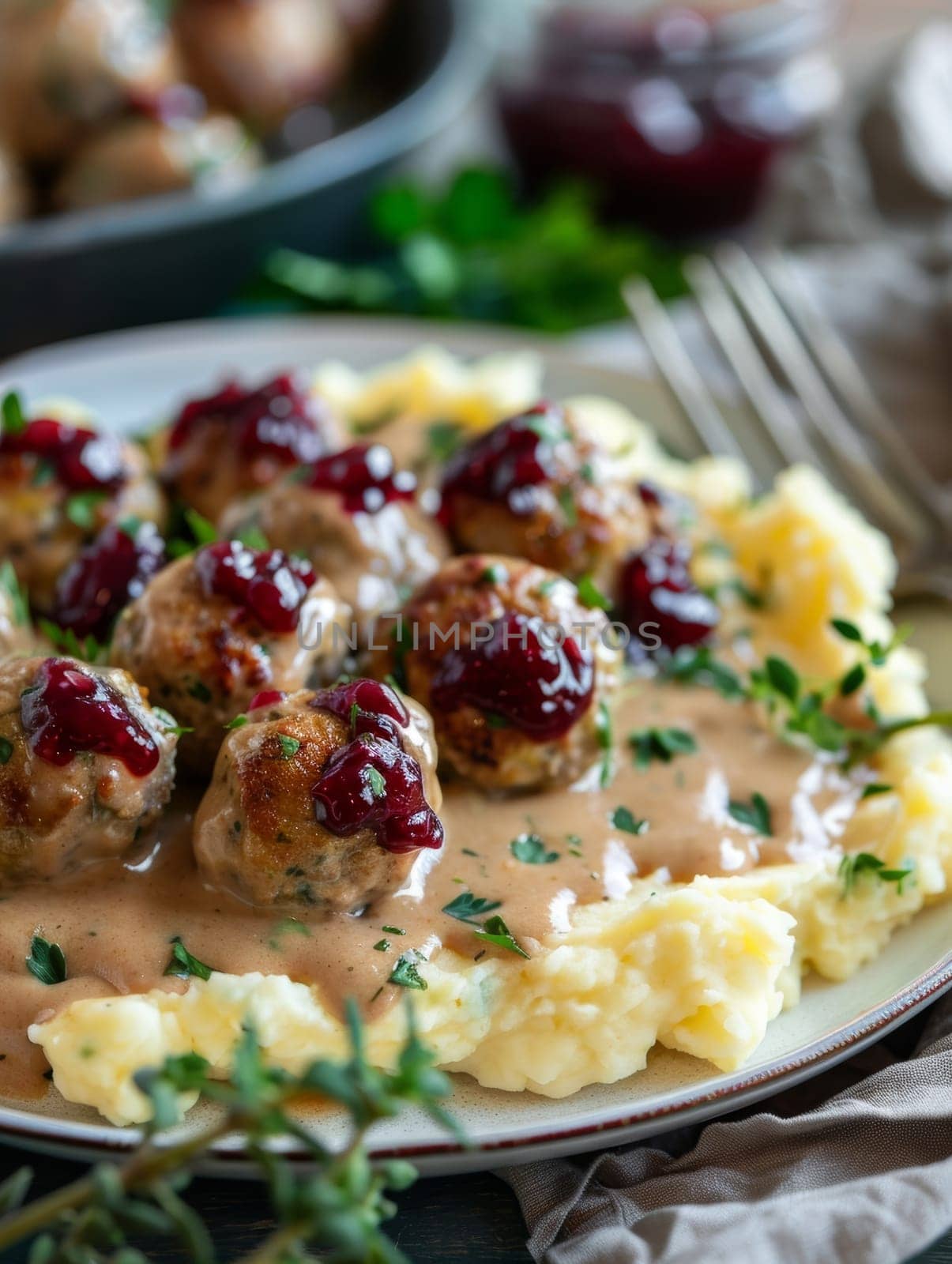 Swedish meatballs on a plate with creamy gravy, lingonberry jam, and mashed potatoes, a classic and comforting Swedish dish. by sfinks