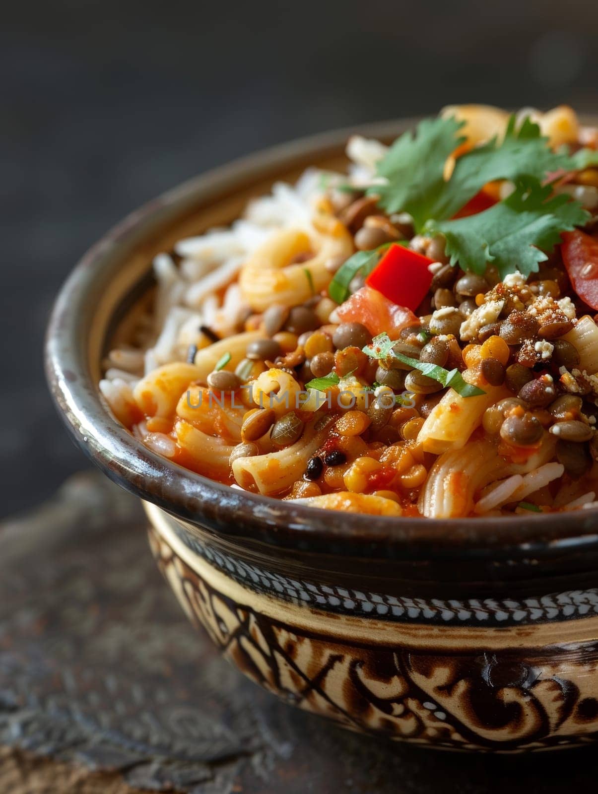 Egyptian koshari, a hearty dish with layers of rice, macaroni, lentils, and a spicy tomato sauce, representing the flavors of Egypt