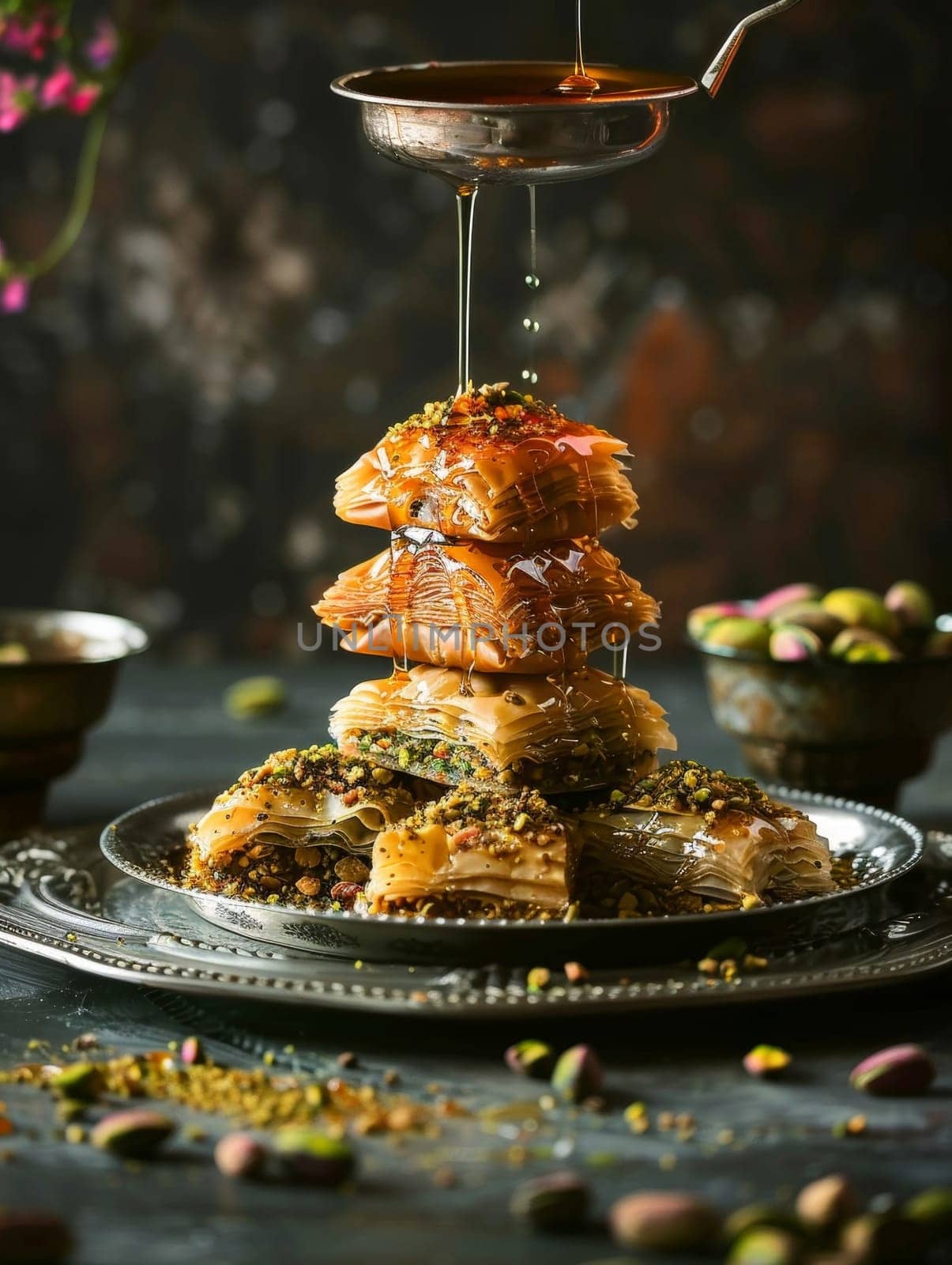 A delightful display of Turkish baklava, featuring layers of filo dough, nuts, honey, and pistachios, a classic Turkish dessert. by sfinks