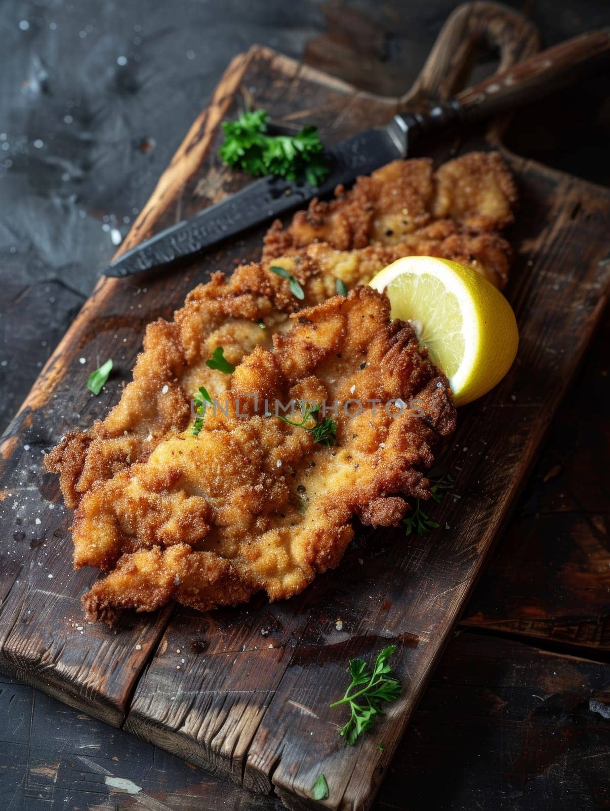 A classic German schnitzel served on a wooden cutting board, featuring a crispy breaded meat escalope with a lemon wedge by sfinks