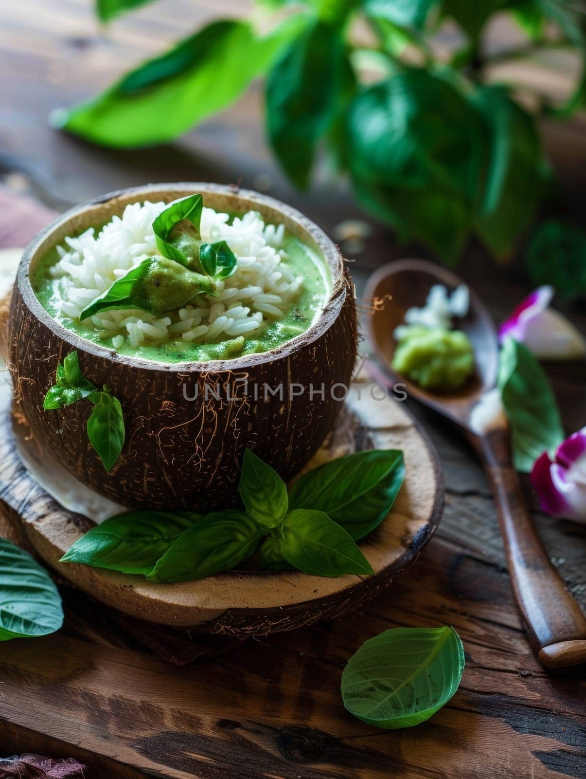 Thai green curry served in a coconut shell, accompanied by fragrant jasmine rice and fresh basil leaves. A delicious and aromatic dish representing the flavors of Thailand