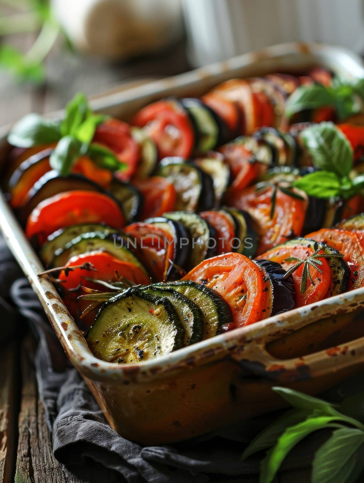 French ratatouille presented in a rustic baking dish, showcasing colorful slices of zucchini, tomato, eggplant, and bell pepper. A traditional Provencal vegetable stew bursting with Mediterranean. by sfinks