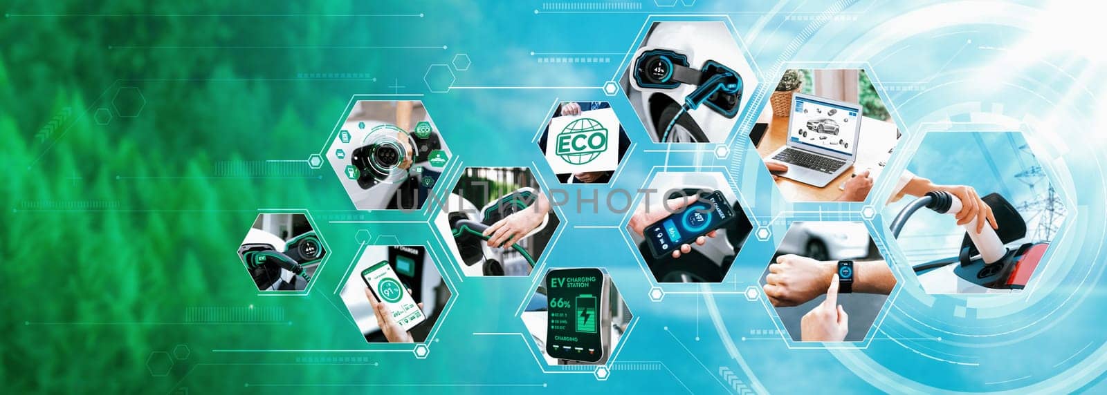 EV electric car vehicle charging and sustainable LCA green energy technology presented in panoramic banner photo collage showing eco friendly view of electric vehicle and hybrid car for future ESG