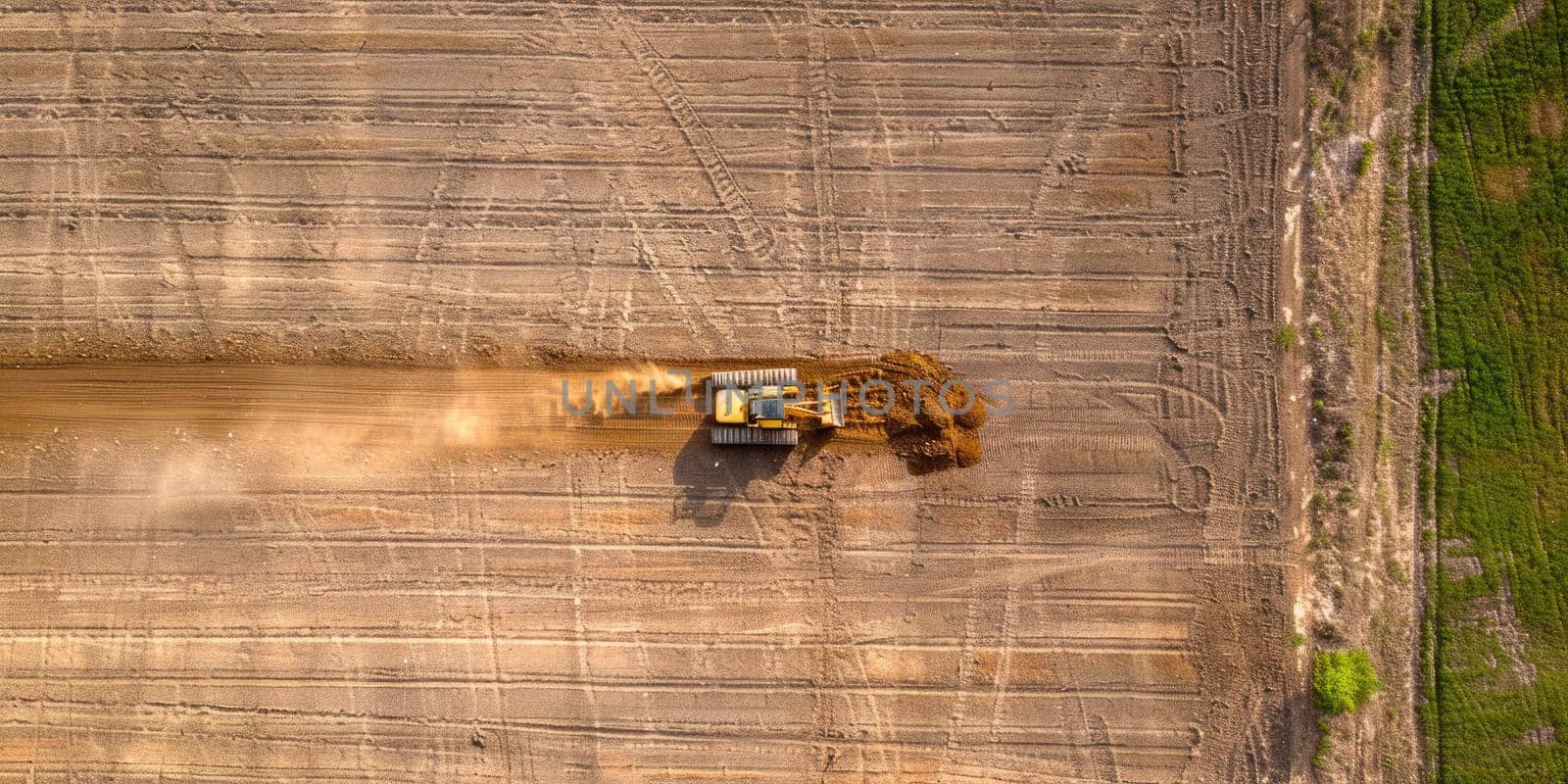 An aerial shot of a tractor plowing a dry field. AIG51A.