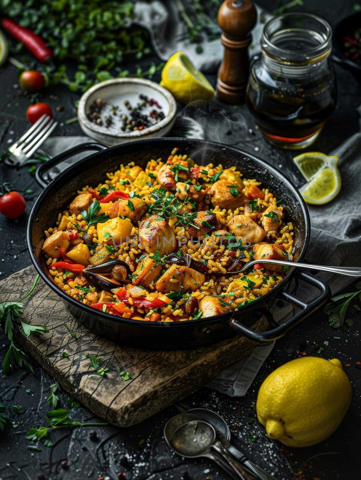 Authentic Spanish paella with seafood, chicken, and saffron rice, cooked in a traditional paella pan. A delicious and colorful dish representing the flavors of Spain. by sfinks