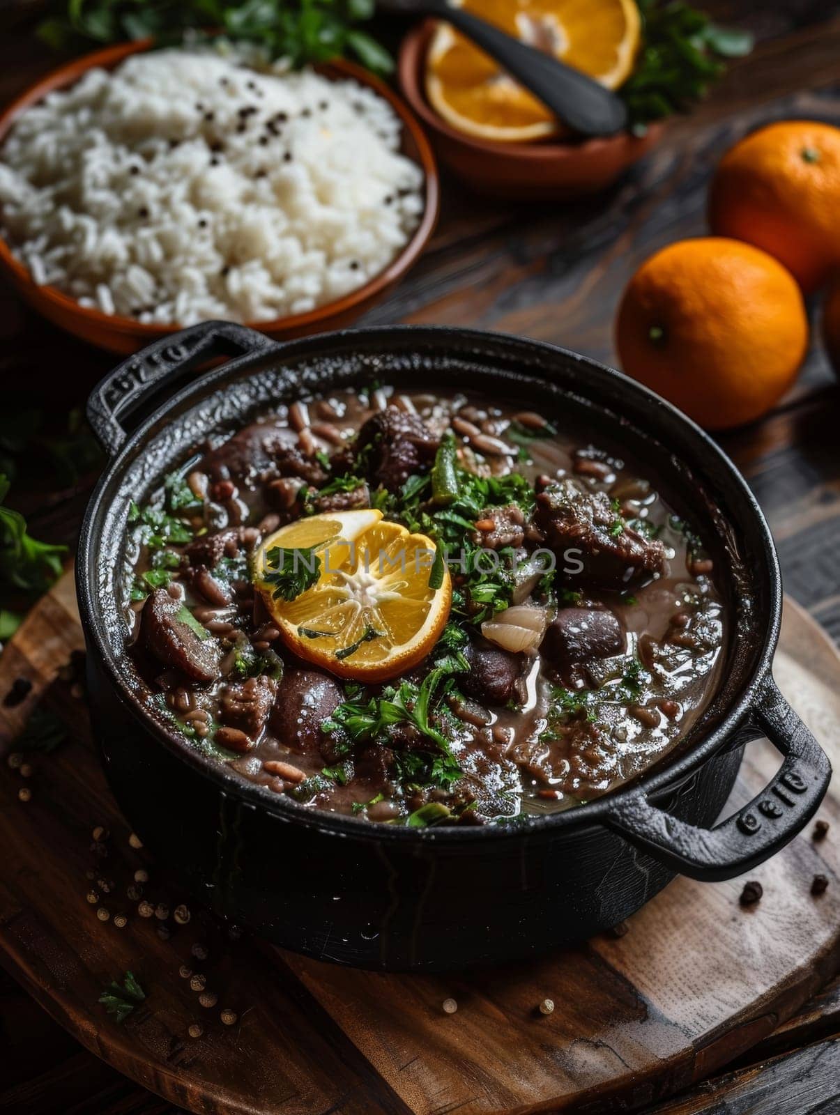 Brazilian feijoada served in a cast-iron pot, accompanied by rice, oranges, and farofa. A traditional Brazilian dish, rich and flavorful. by sfinks