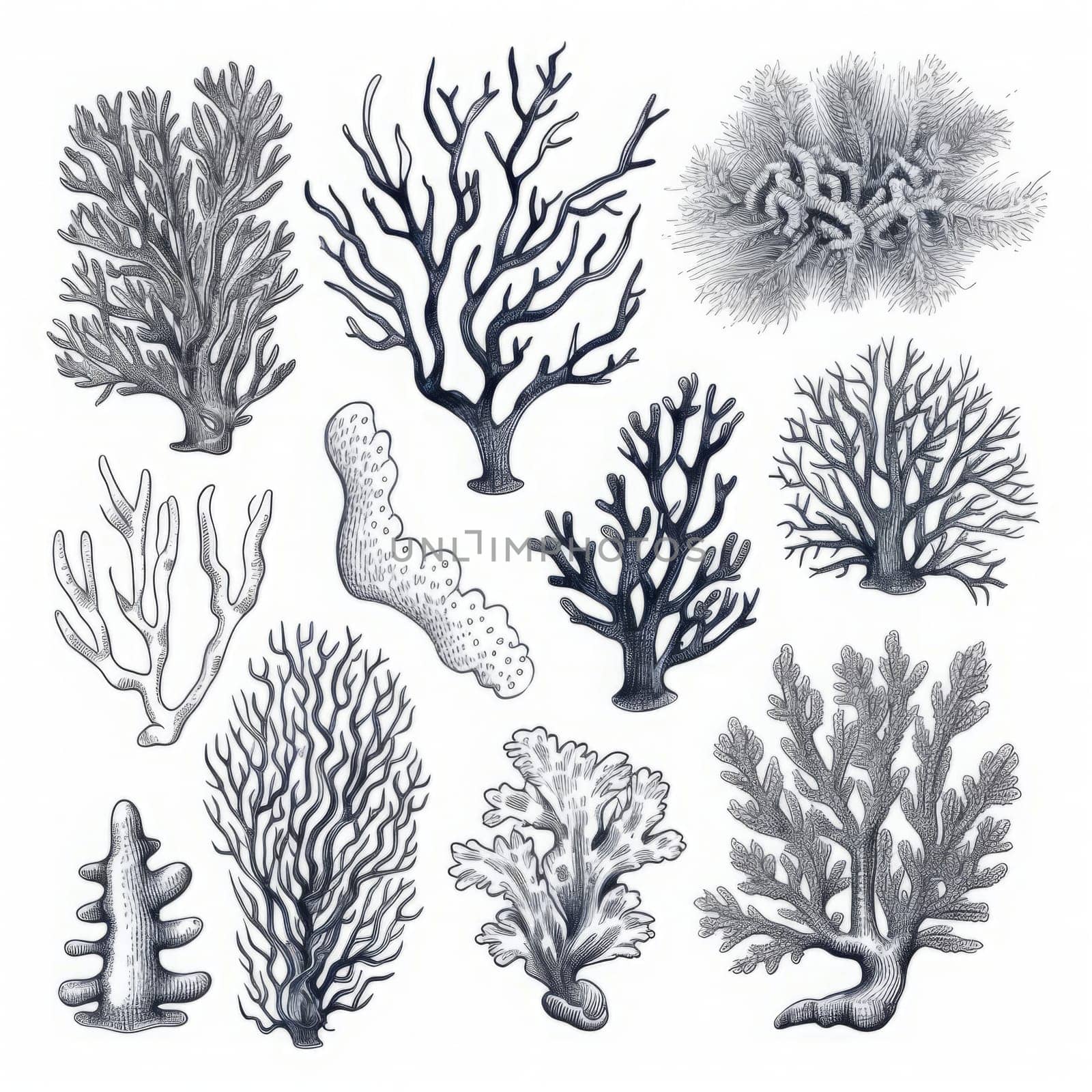 sea corals and seaweed black silhouette set isolated. Generated AI by Oxdesign