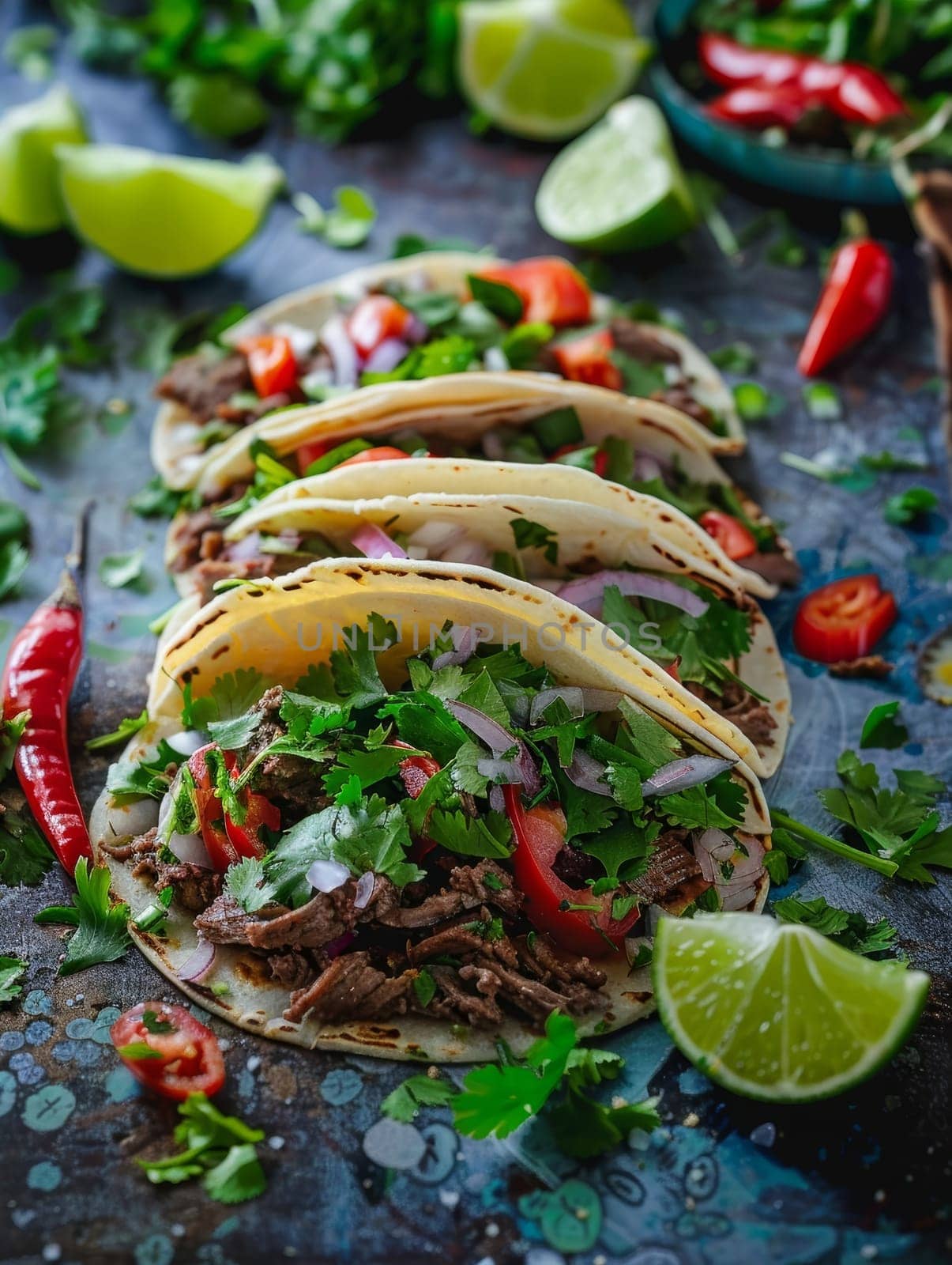 A vibrant display of Mexican tacos with fresh cilantro, onions, and lime slices. A colorful and flavorful representation of traditional Mexican street food. by sfinks