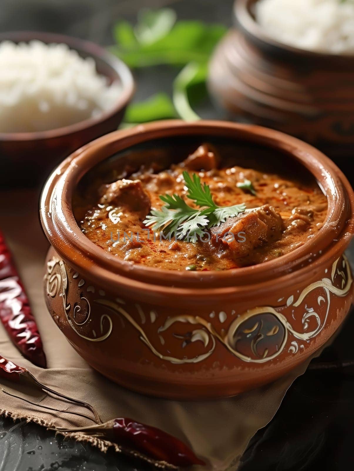Close-up of spicy Indian curry served in a traditional clay pot with rice on the side. A flavorful and aromatic dish representing the rich culinary heritage of India. by sfinks