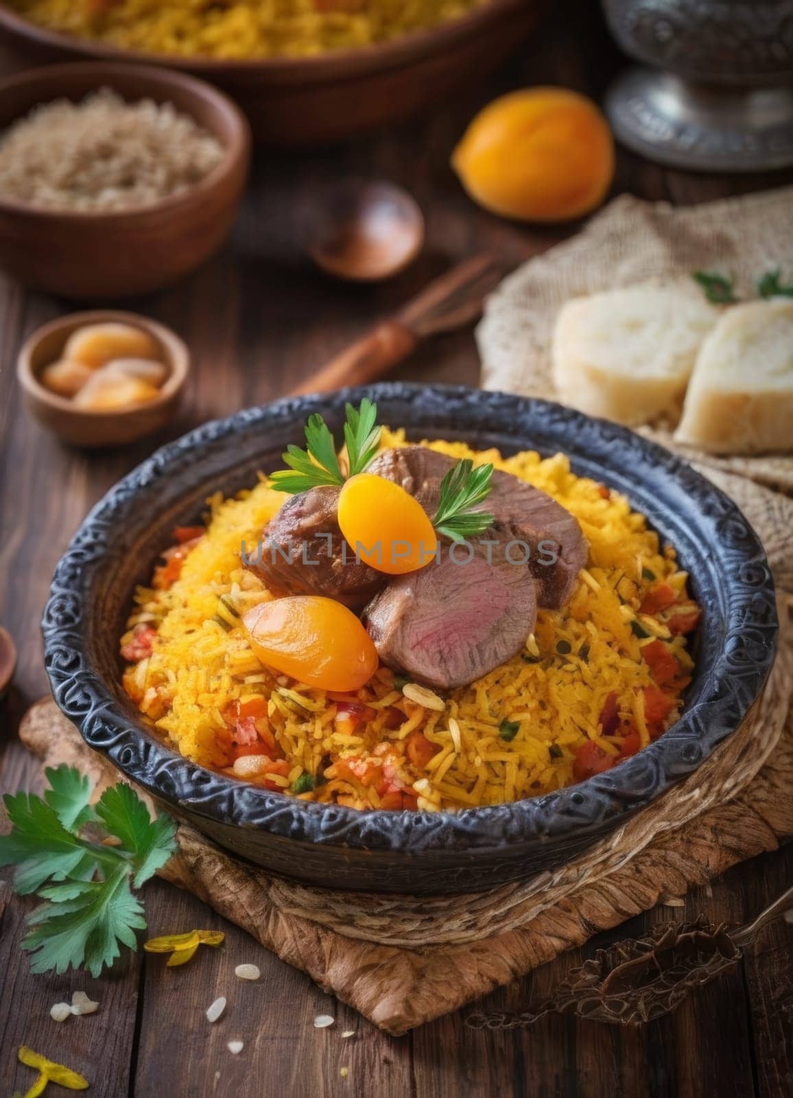 Azerbaijani plov in an ornate dish, rice pilaf with saffron, apricots, and lamb. A traditional Azerbaijani dish known for its rich flavors and aromatic rice. by sfinks