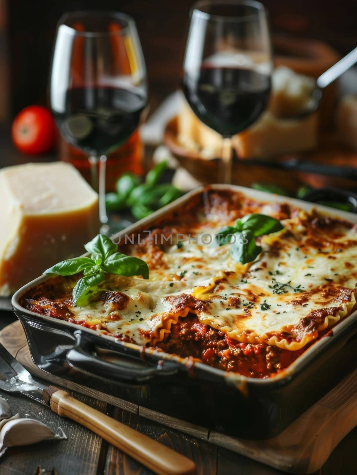 Italian lasagna with layers of pasta, ricotta, meat sauce, and melted mozzarella cheese. A classic Italian casserole dish, rich and flavorful