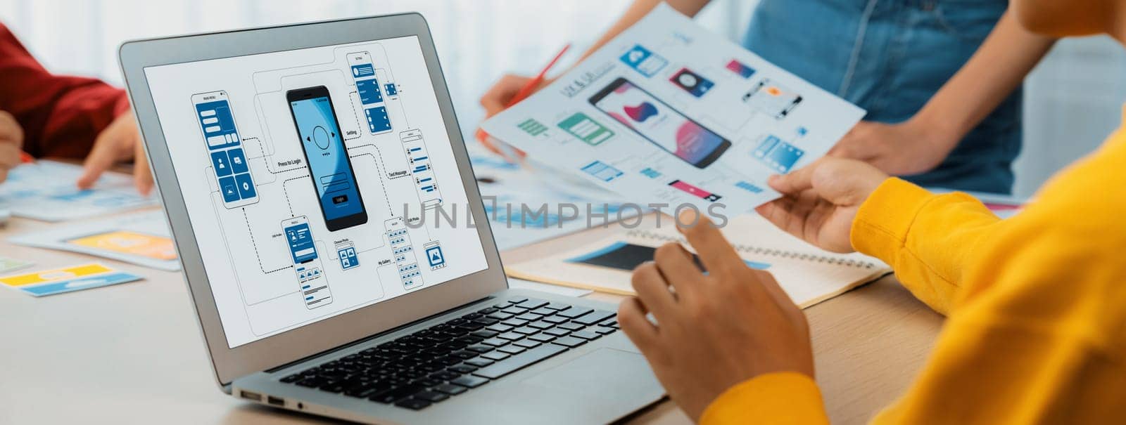 Panorama banner of startup UX developer or company employee design user interface or UI prototype for mobile application or website software with software display on laptop monitor in office. Synergic