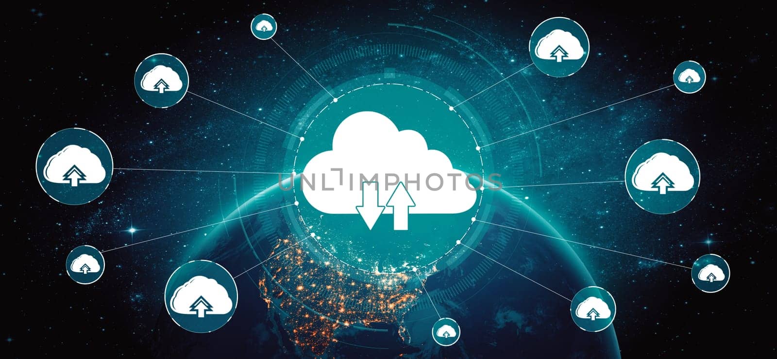 Cloud computing technology and online data storage for business network concept. Computer connects to internet server service for cloud data transfer presented in 3D futuristic graphic interface. uds