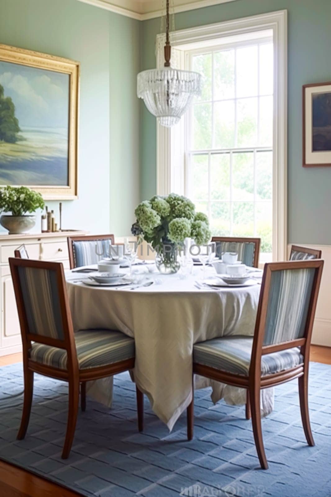 Dining room decor, interior design and house improvement, elegant table with chairs, furniture and classic blue home decor, country cottage style idea