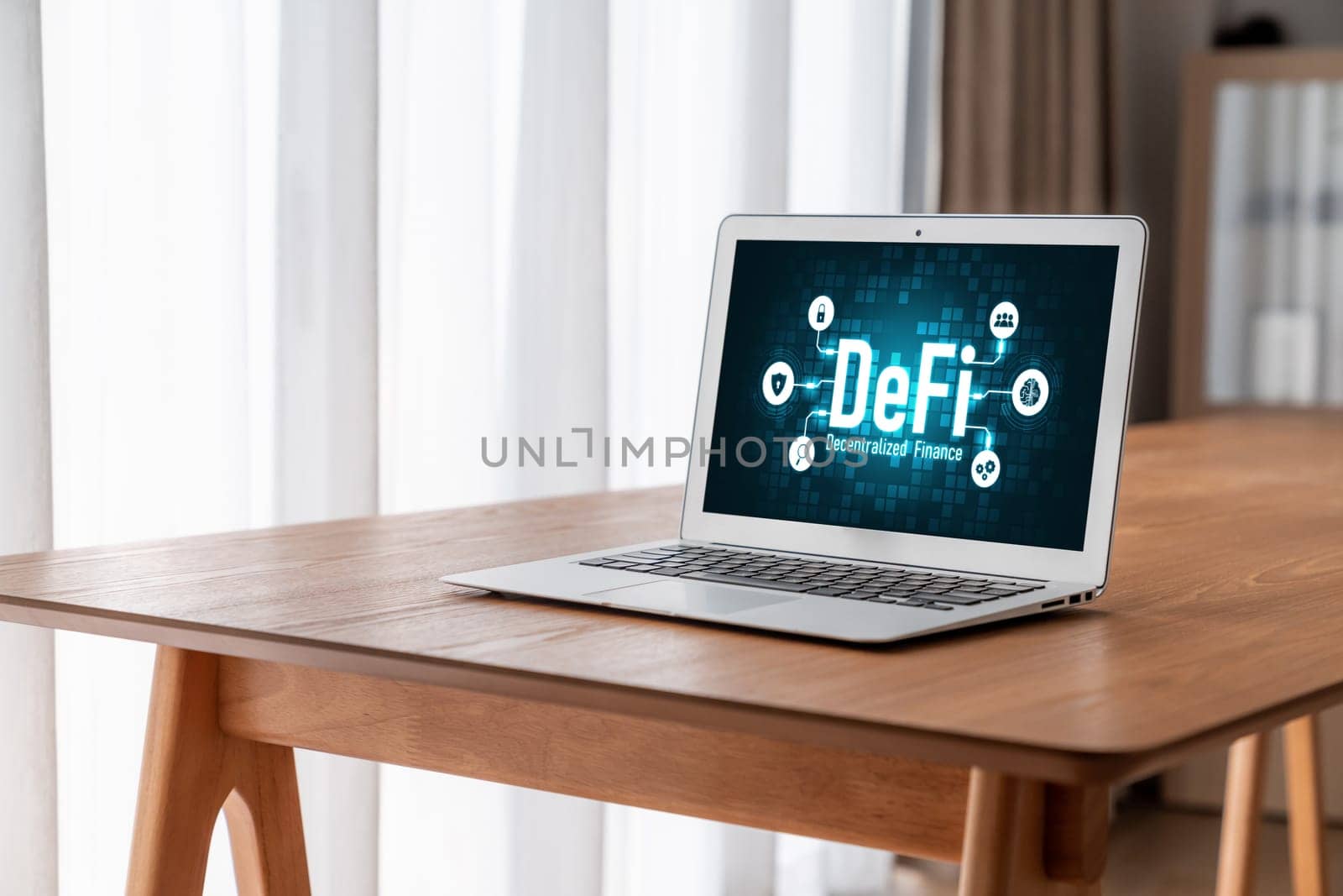 Decentralized finance or DeFi concept on modish computer screen . The defi system give new choice of investment and money saving .
