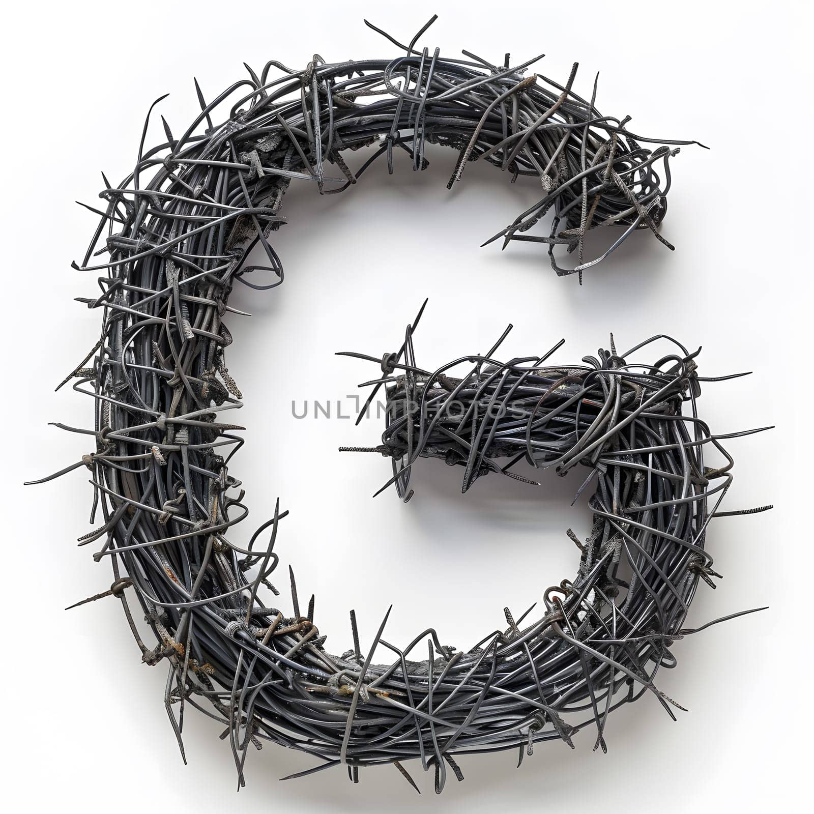 The letter g is crafted from barbed wire on white background by Nadtochiy