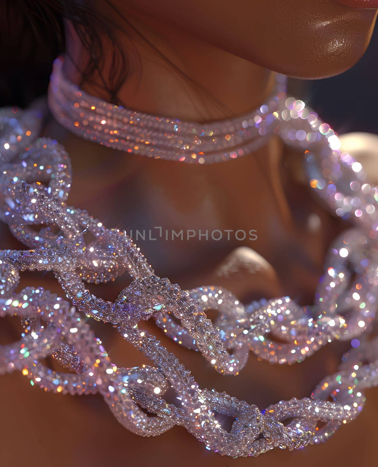 A closeup of a woman wearing a choker and necklace made of metal and natural material, embellishing her jaw with magenta body jewelry. The accessories add a bridal touch to her look