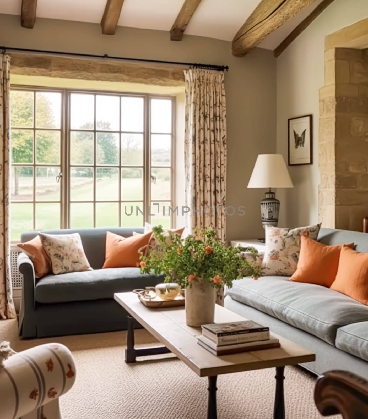 Country cottage lounge decor, sitting room and Cotswolds style interior design, living room furniture, sofa and home decor in elegant English country house style, post-processed, generative ai