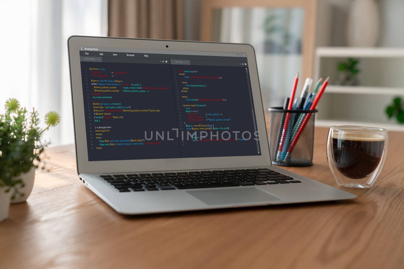 Software development programming on computer screen for modish application and program coding