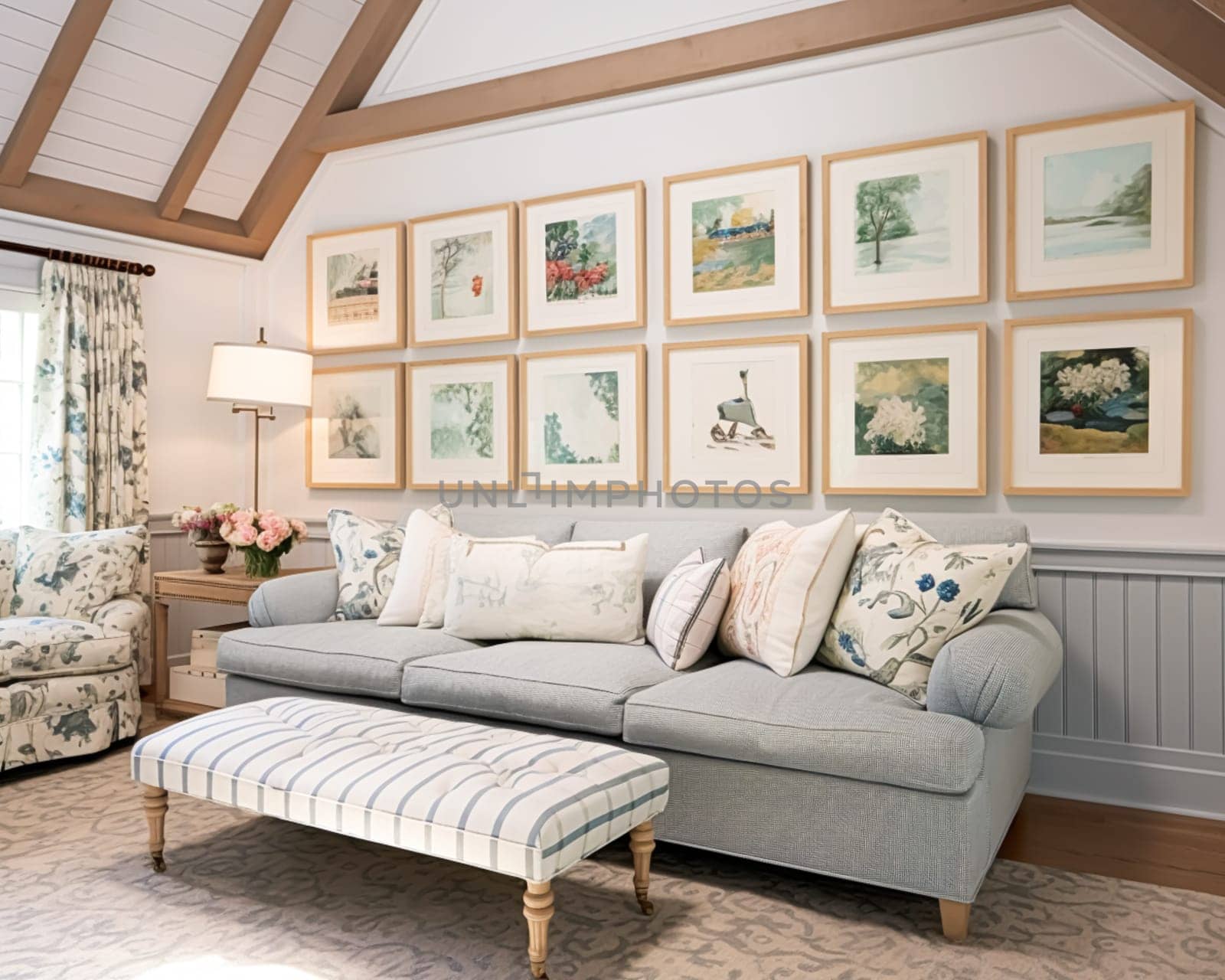 Living room gallery wall, home decor and wall art, framed art in the English country cottage interior, room for diy printable artwork mockup and print shop idea