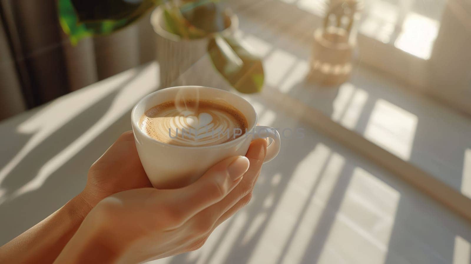 The close up picture of the person is holding the cup of the coffee by their own hand to relax inside the living room for the relaxation near the window that has been shine with the sunlight. AIG43.