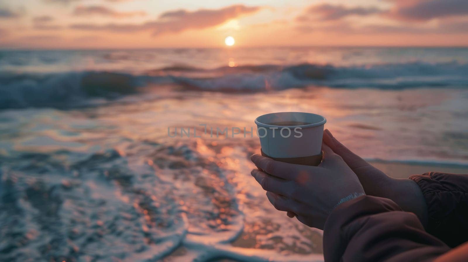 The close up picture of the person is holding the cup of the coffee by their own hand also walking at the side of the beach near the sea or an ocean that has been shine by the light from a sun. AIG43.
