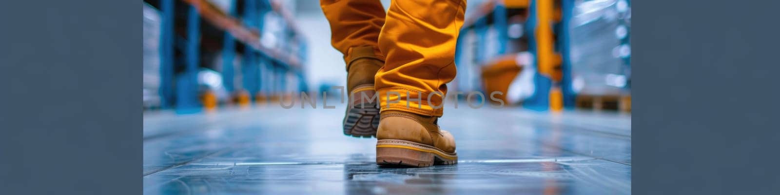 The close up picture of the worker is walking inside the factory warehouse while wearing the safety shoes, the factory worker require skill like technical knowledge, safety awareness, strength. AIG43.