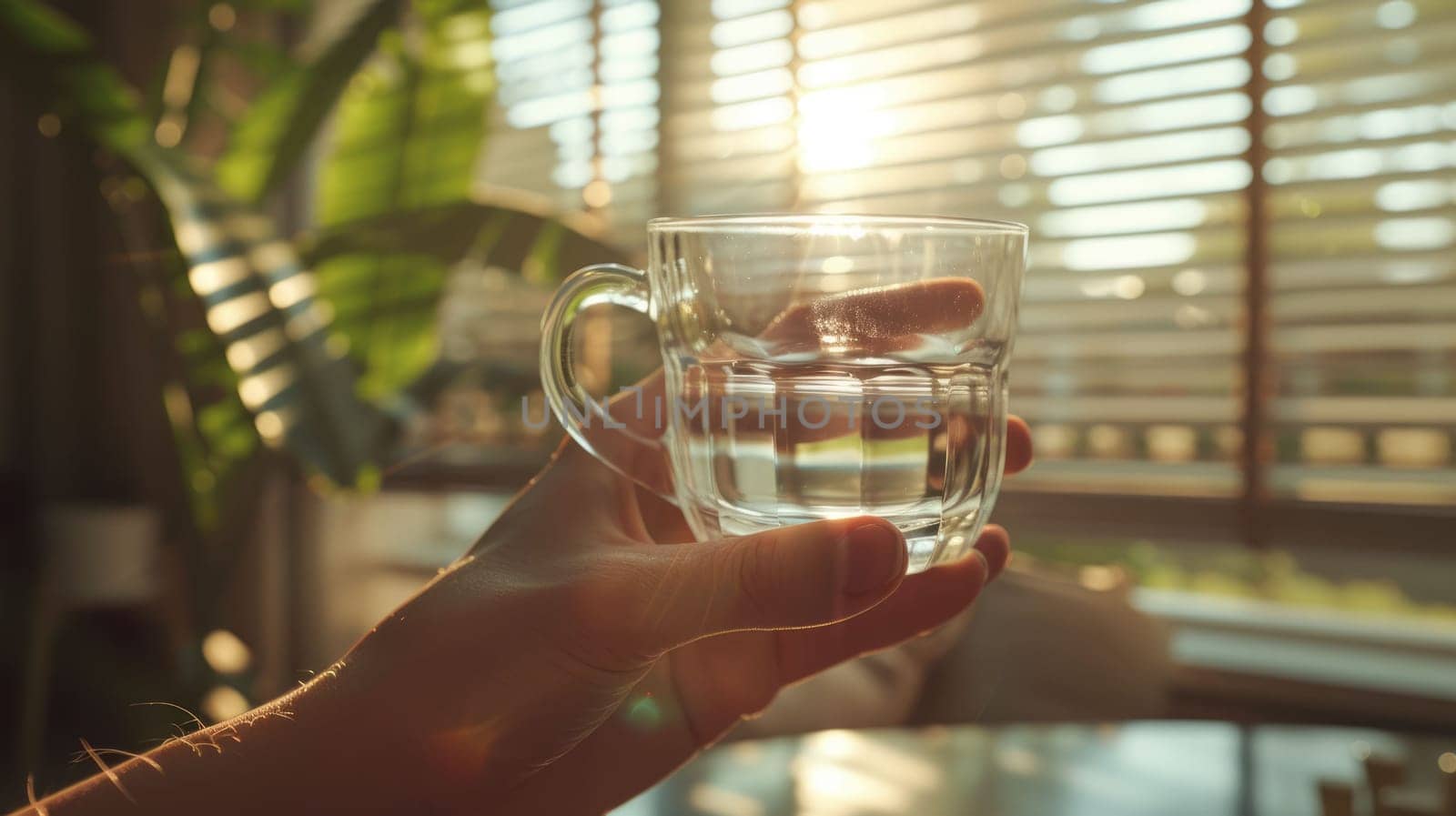 The close up picture of the person is holding the cup of the clear water by their own hand to relax inside the living room for the relaxation near the window that has been shine with sunlight. AIG43.
