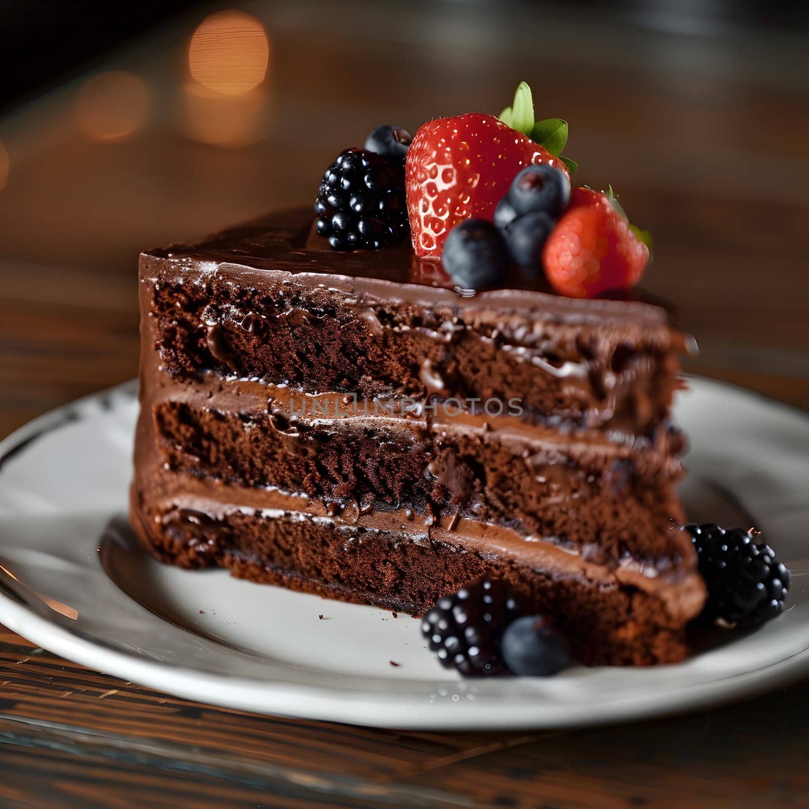 Indulge in a decadent slice of chocolate cake topped with fresh berries, served on a elegant white plate. A delightful treat for any occasion