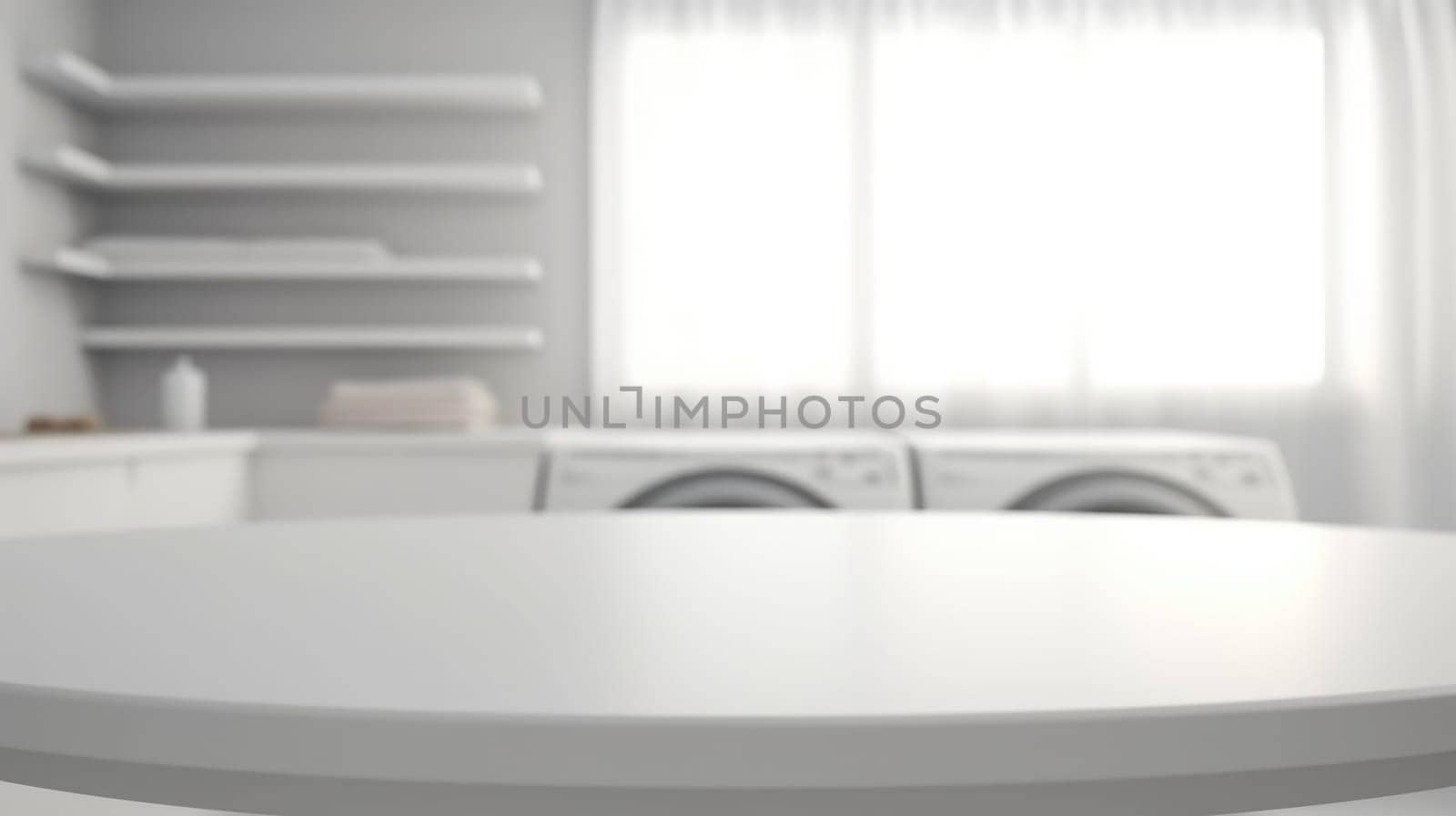 Folded towels on countertop with laundry machine in background. White table in front of washing machine with blurring background. Home comfort and modern lifestyle concept for interior design. AIG35.