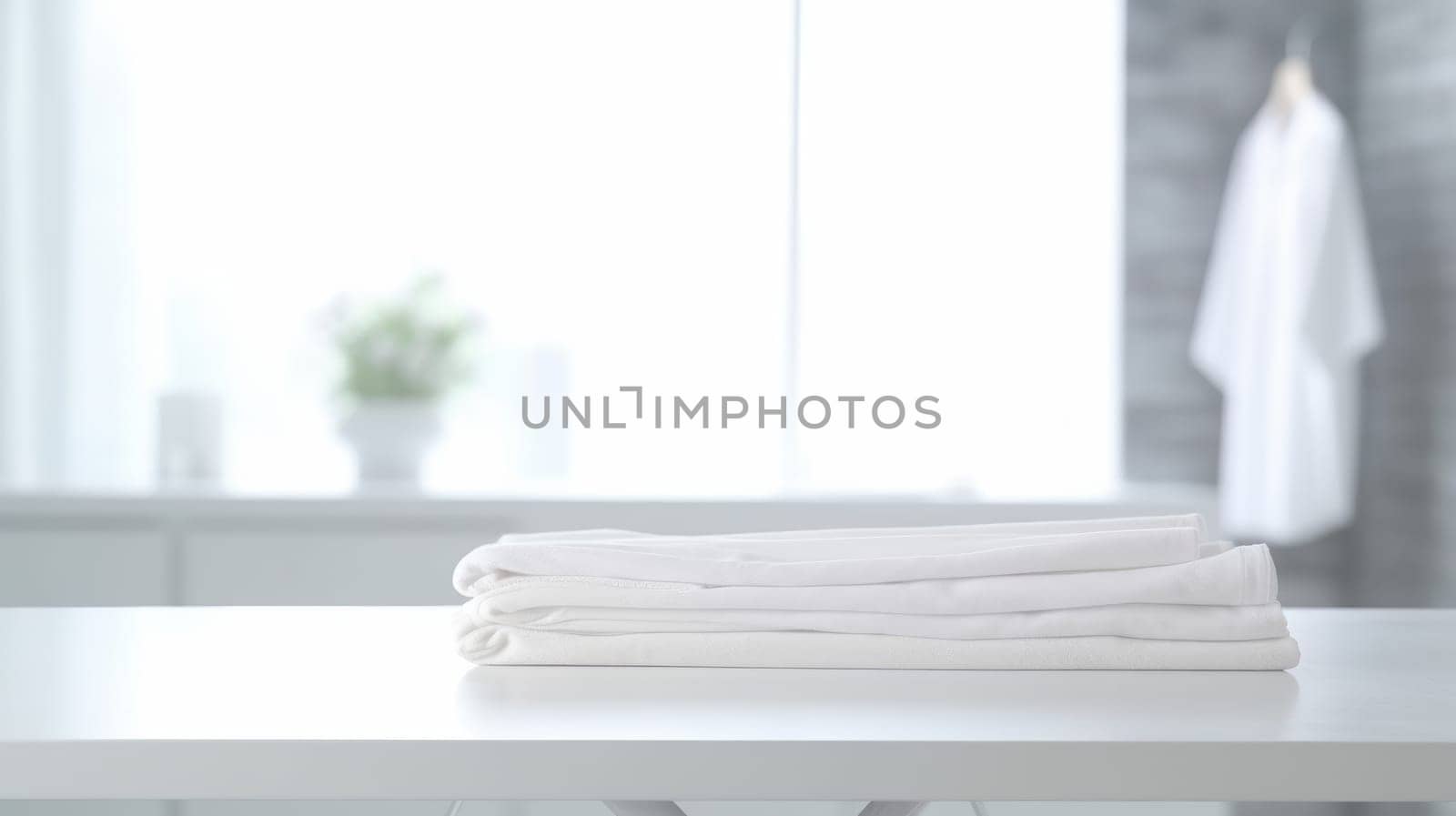 Folded towels on countertop with laundry machine in background. White towel on table in front of washing machine with blurred background. Home comfort and modern lifestyle for interior design. AIG35.