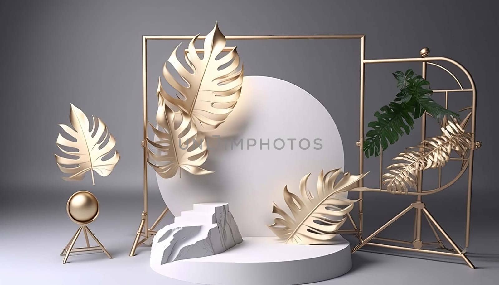 A modern white stand for shooting objects with a backdrop of stone and tropical leaves. Generative AI, by mila1784