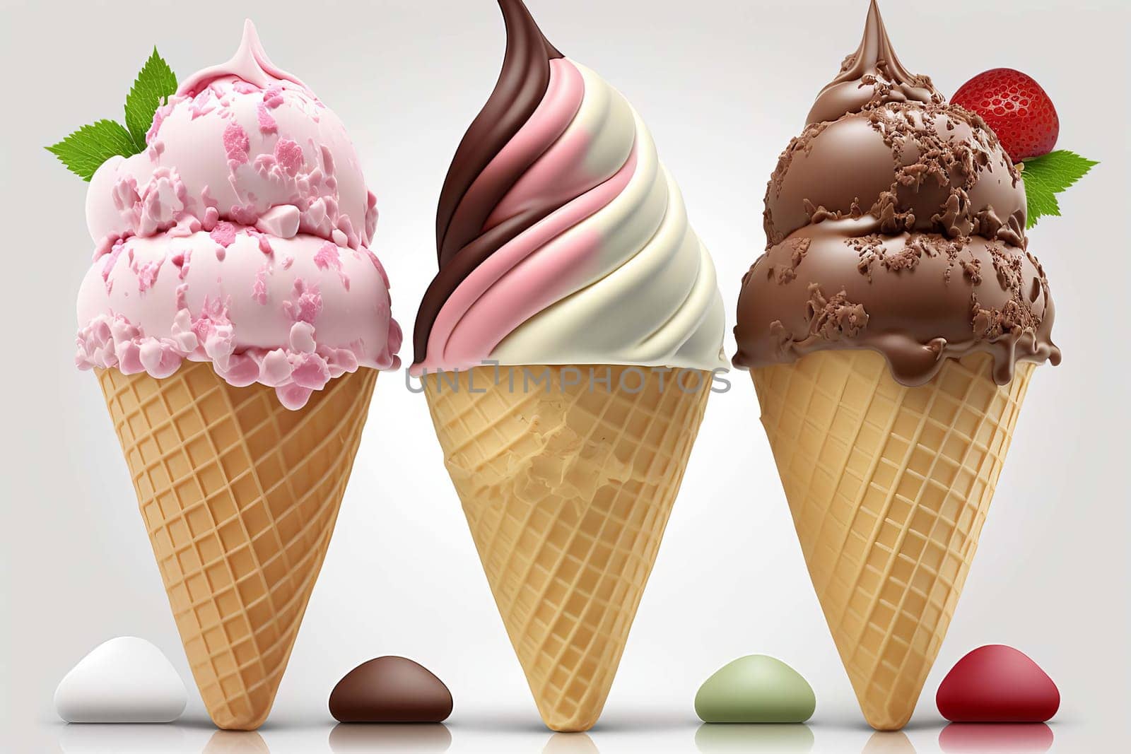 Ice cream cone three pieces different. Generative AI, by mila1784