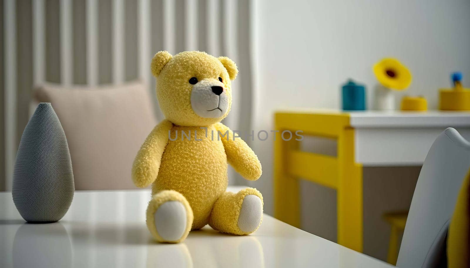table with a plush toy bear in the baby room. Generative AI, by mila1784