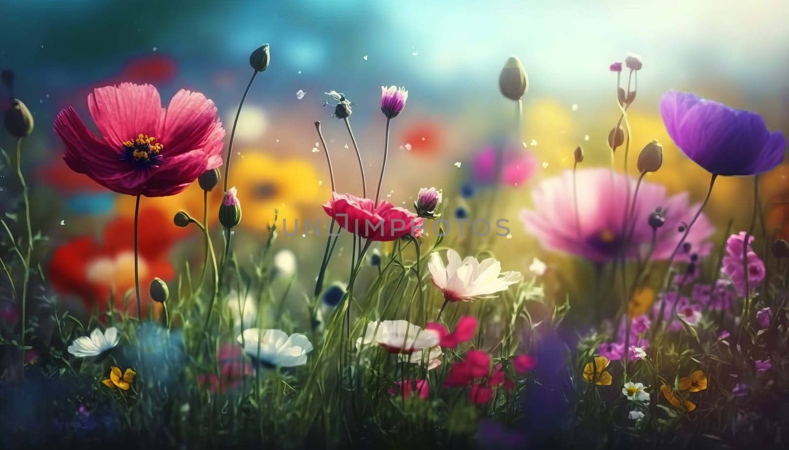 Colorful flower meadow in spring. Generative AI, by mila1784