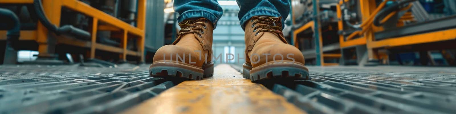 The close up picture view of the engineer is working inside the factory and focus on the boots, the engineer require skill like the technical experience, management and the communication skill. AIG43.
