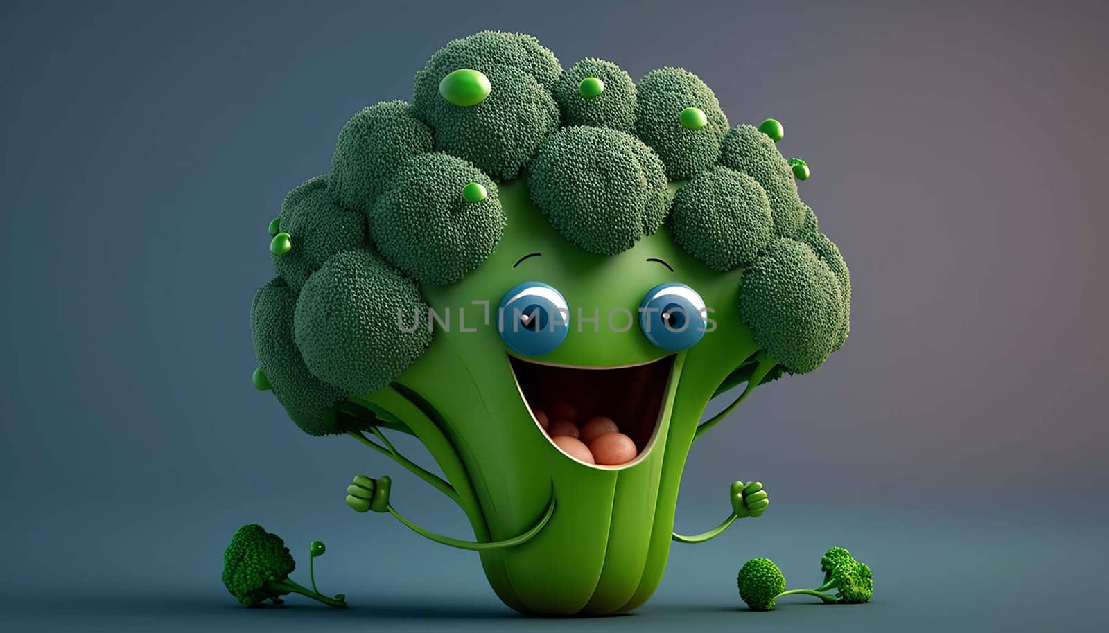 Cute broccoli 3D cartoon character. Generative AI,