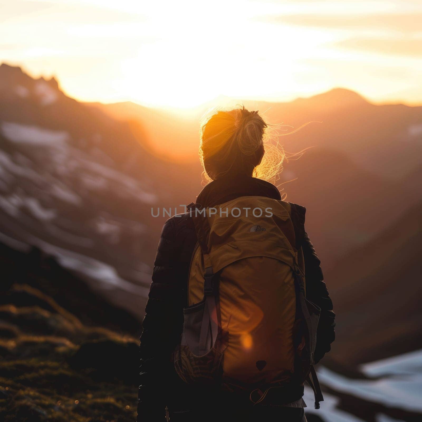 A woman in a cap and eyewear is happily looking at the sunset in nature, with the sun shining bright in the sky, creating a beautiful landscape AIG50
