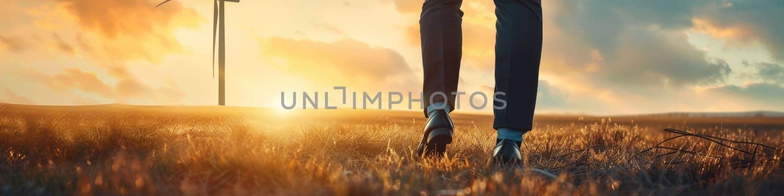 The picture of the person is working as business person walking to work near a grass and windmill, the businessman require skill like management, negotiation, marketing and the communication. AIG43.