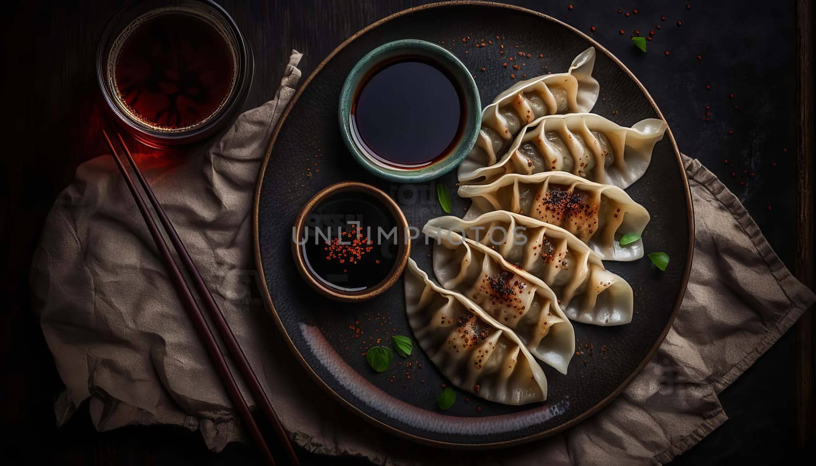 Delicious gyoza dumplings with soy sauce and chili oil on dark plates real photo dark background. Generative AI,